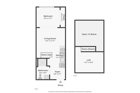 Floor plan for 1 bed, 1 bath, 489 sqft